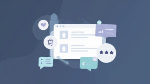 Flat illustration of a forum browser with upvote chevrons on message threads, plus floating like and star-rating icons on an indigo gradient